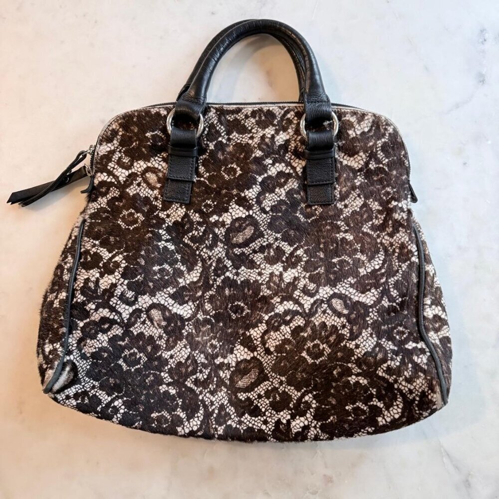 Laura Di Maggio Lace Print Calf Hair Leather Satchel Handbag Purse